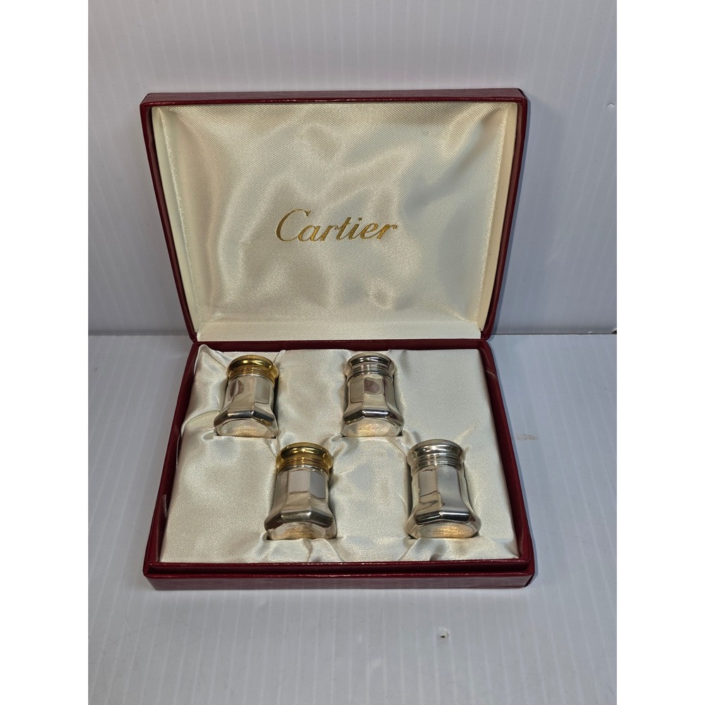 Cartier Sterling Silver Gold Top Salt Pepper Shakers Set w Original BoxSet of 4
